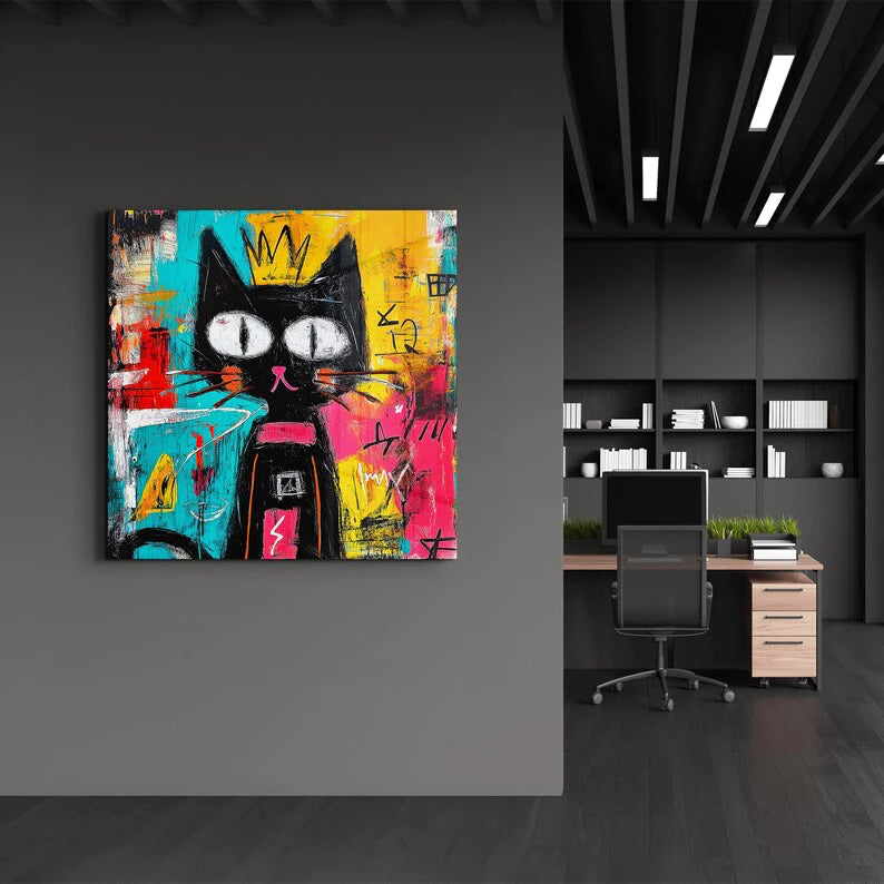 Modern Pop Art Cat with Crown Impasto Artwork #AS281