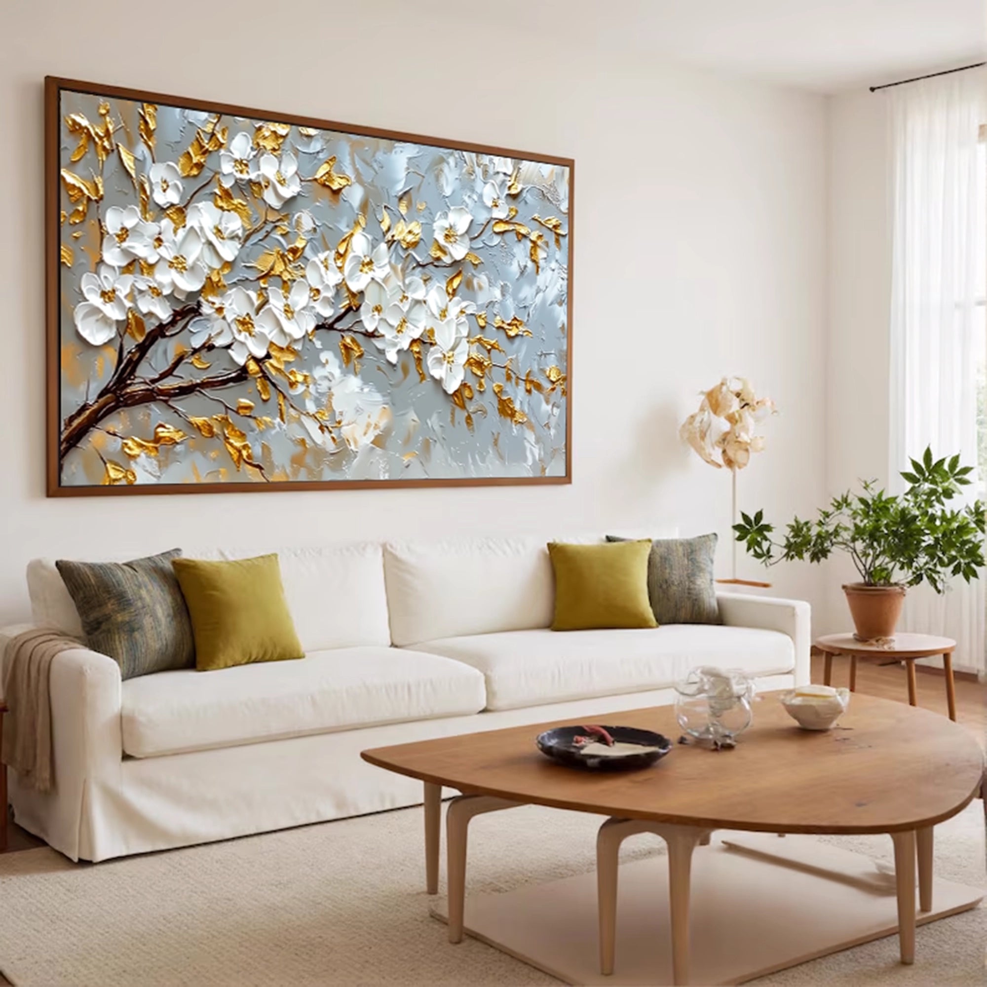 Gold Accent White Blossom Oil Painting #FT926