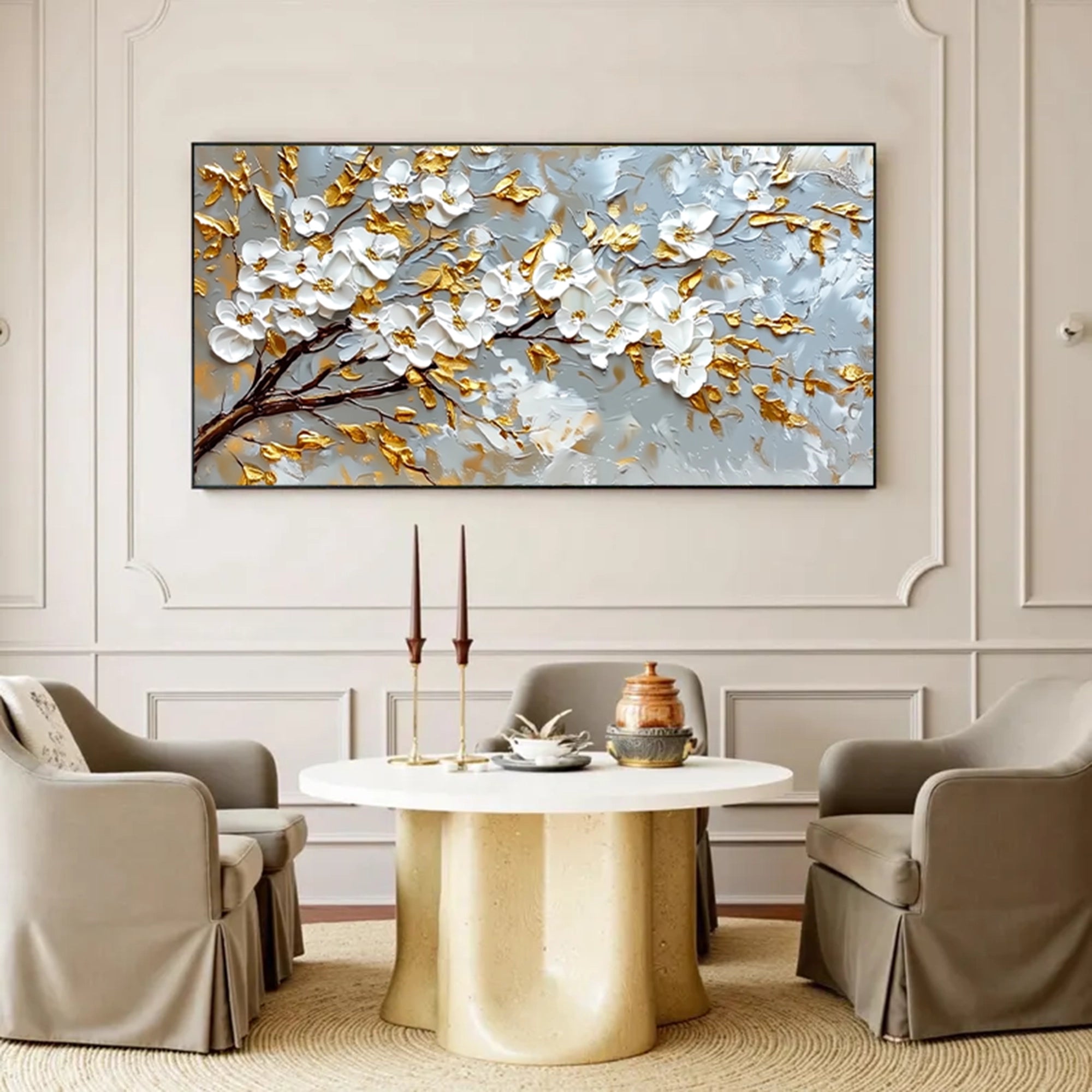 Gold Accent White Blossom Oil Painting #FT926