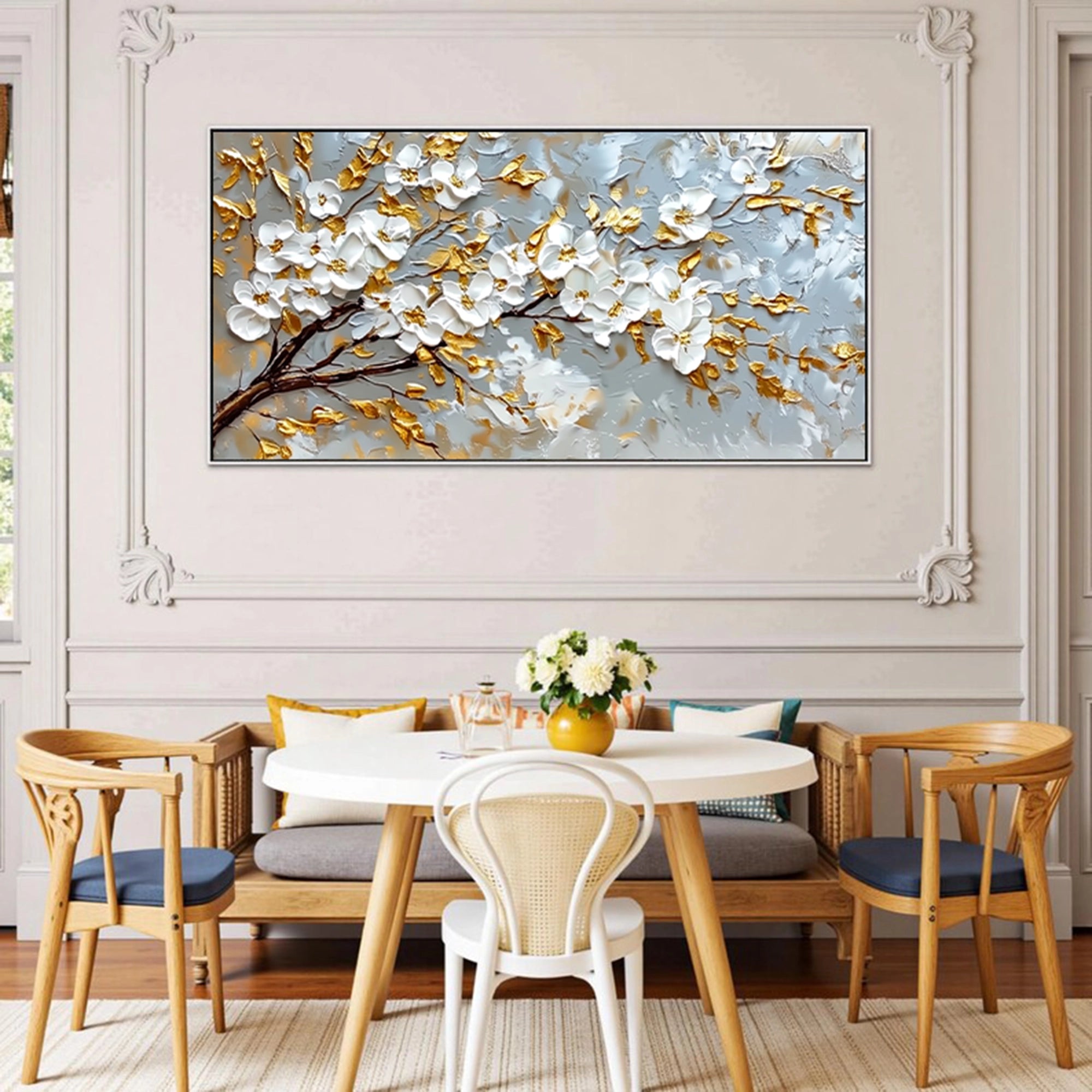 Gold Accent White Blossom Oil Painting #FT926