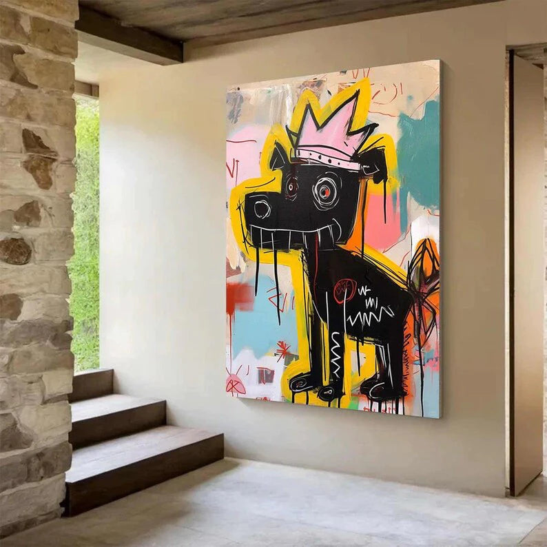 Street Graffiti Style Black Dog with Crown Abstract Oil Painting #PO380