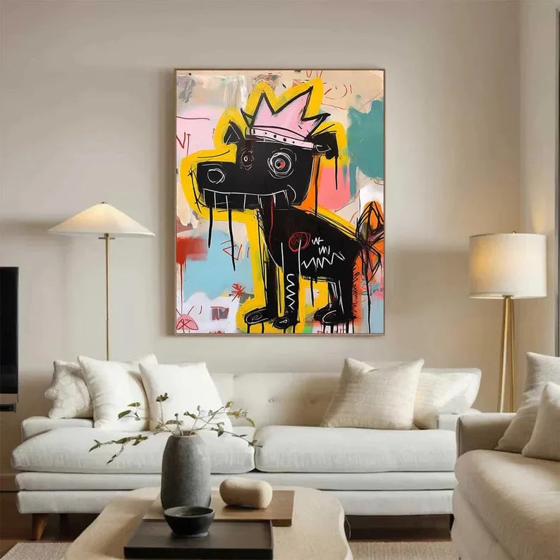 Street Graffiti Style Black Dog with Crown Abstract Oil Painting #PO380