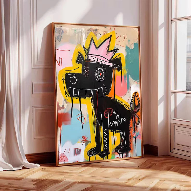 Street Graffiti Style Black Dog with Crown Abstract Oil Painting #PO380