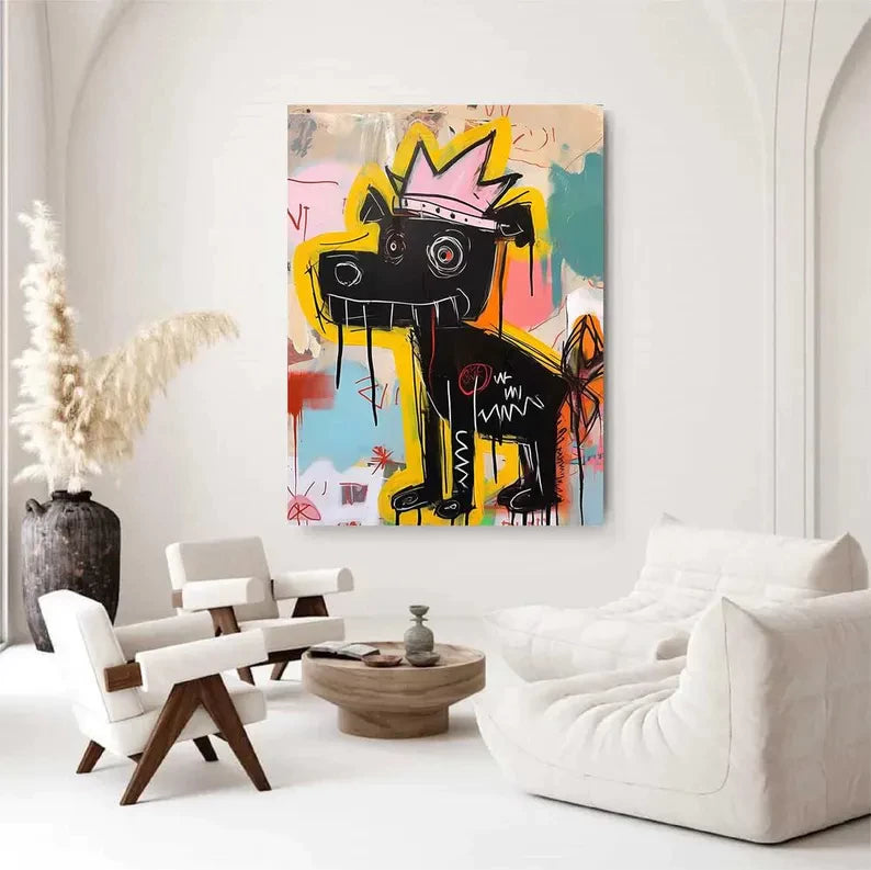Street Graffiti Style Black Dog with Crown Abstract Oil Painting #PO380