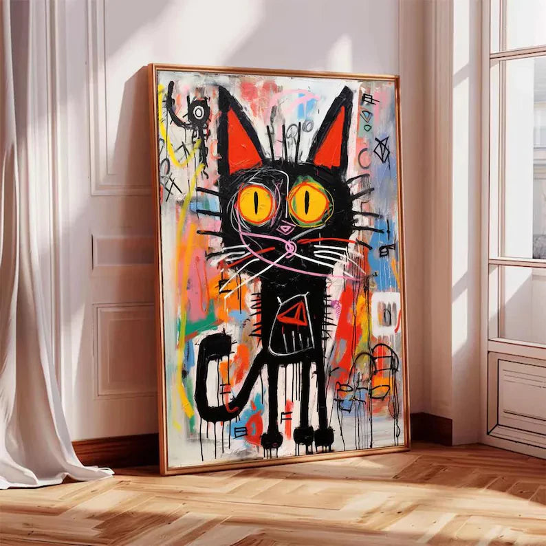 Street Graffiti Style Abstract Black Cat Oil Painting #PO381