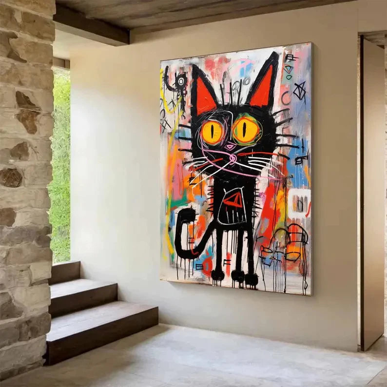 Street Graffiti Style Abstract Black Cat Oil Painting #PO381