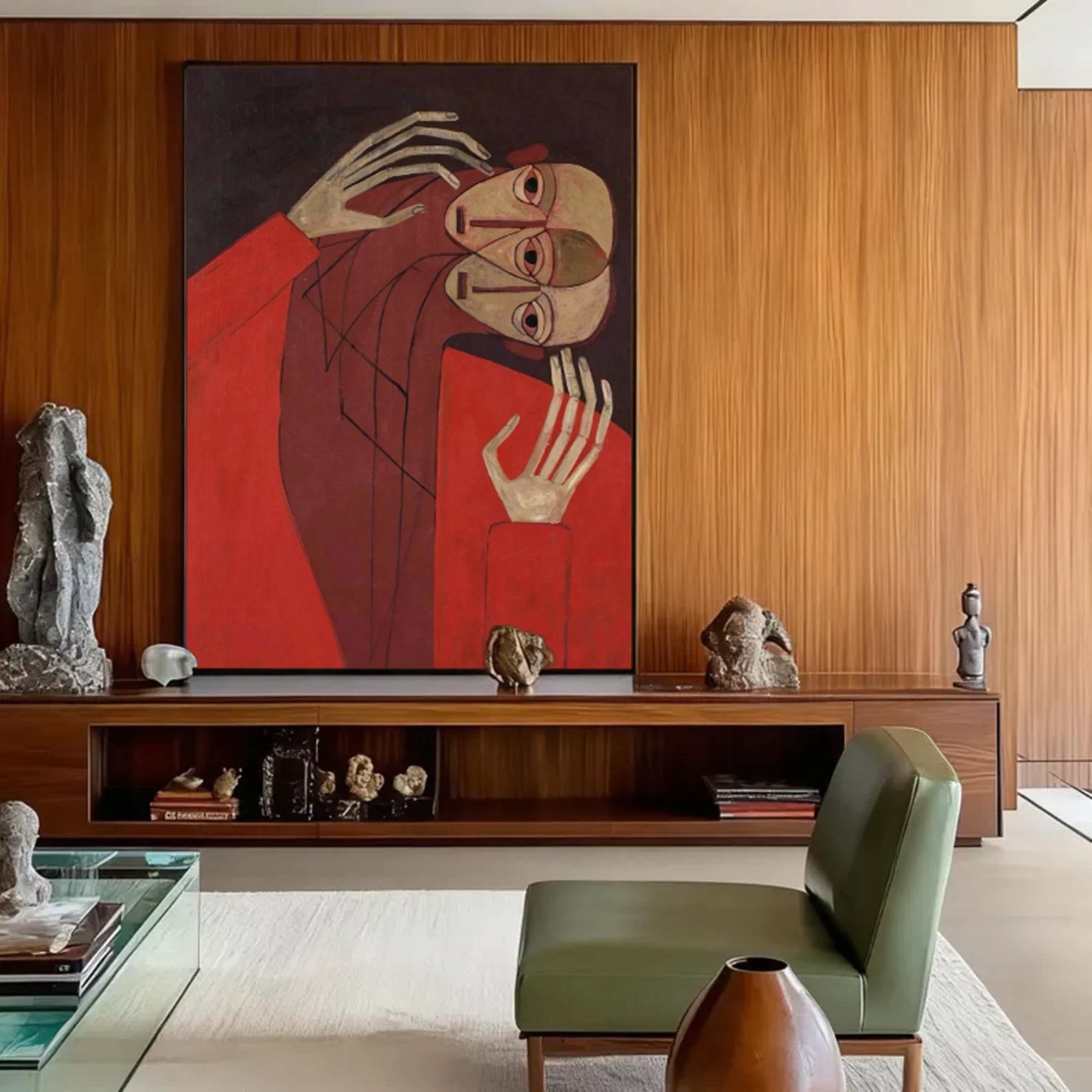 Hand-Painted Red Cubist Abstract Figure Oil Painting #AB163