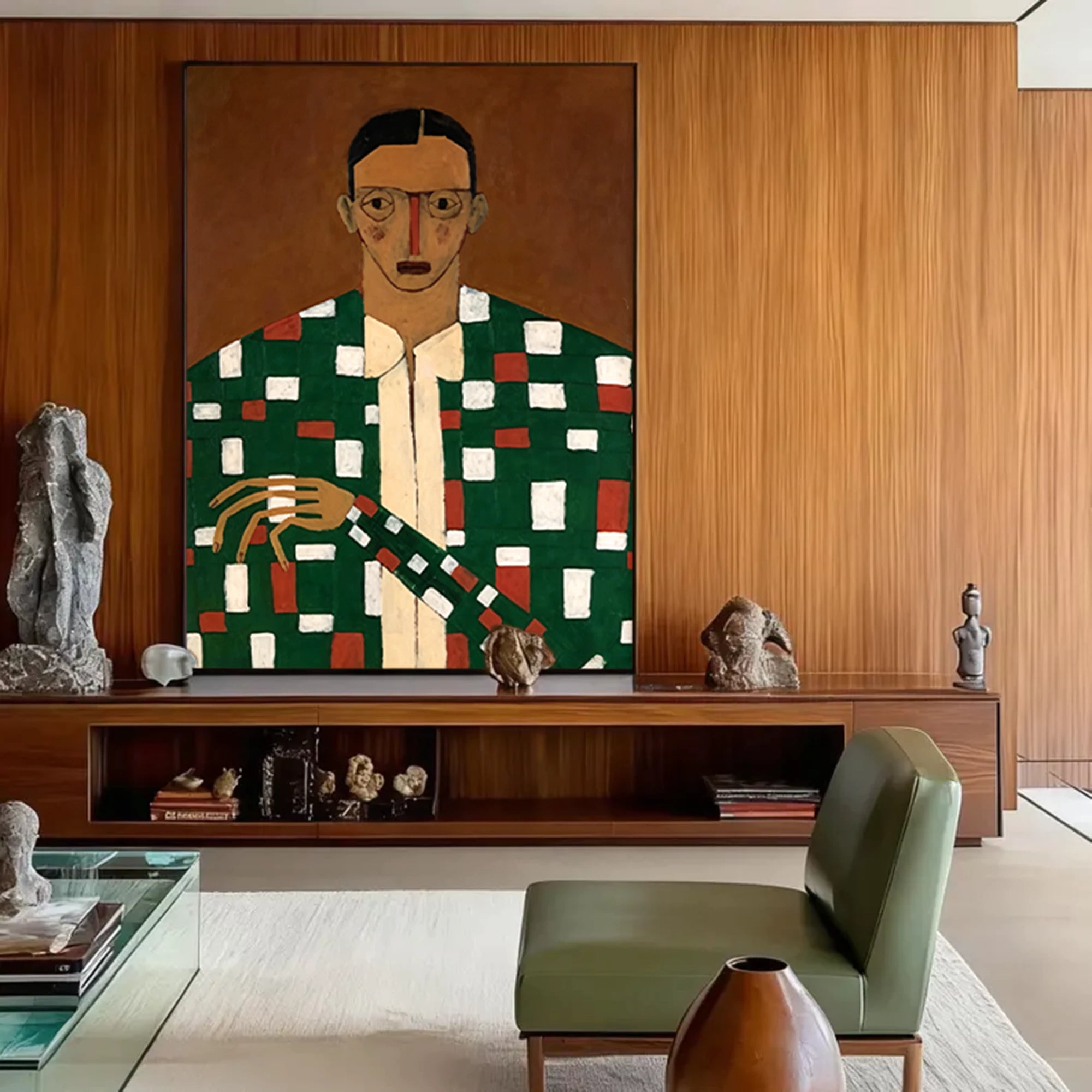 Retro Expressionist Plaid Figurative Oil Painting #AB287