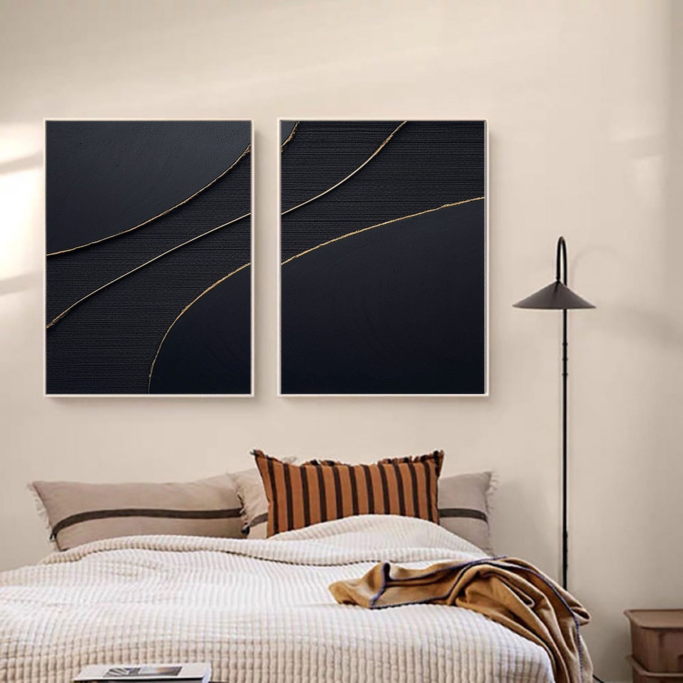 Gold Black Textured Minimalist Wall Art, Large Abstract Painting On Canvas