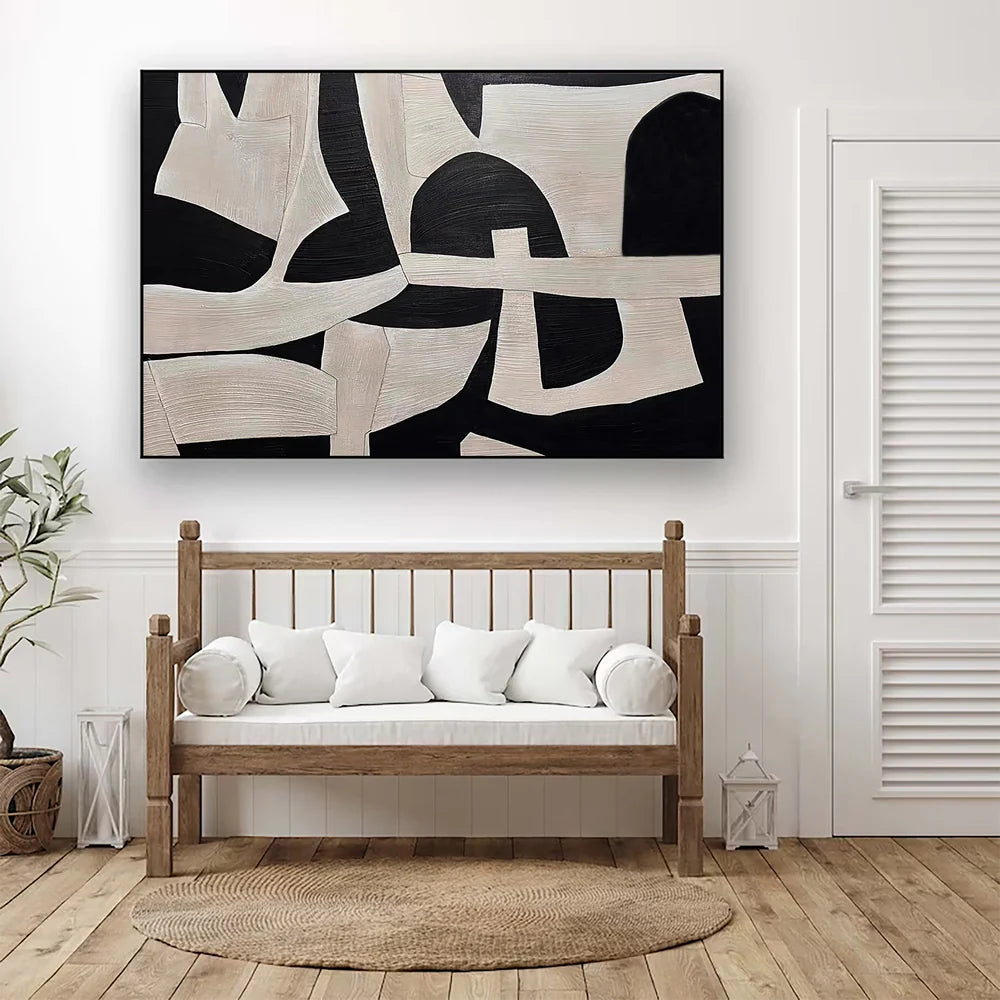Modern Black and White Abstract Geometric Oil Painting #WA106
