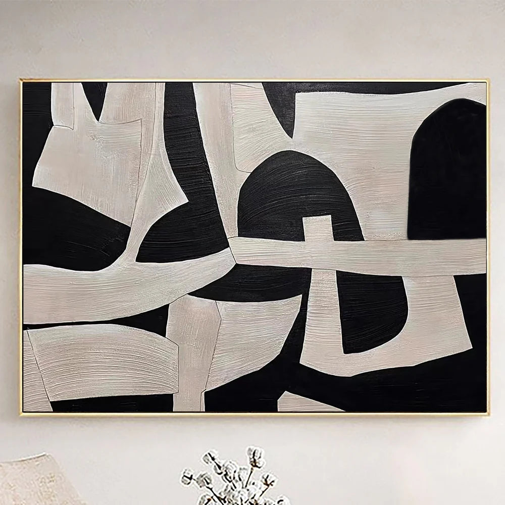 Modern Black and White Abstract Geometric Oil Painting #WA106
