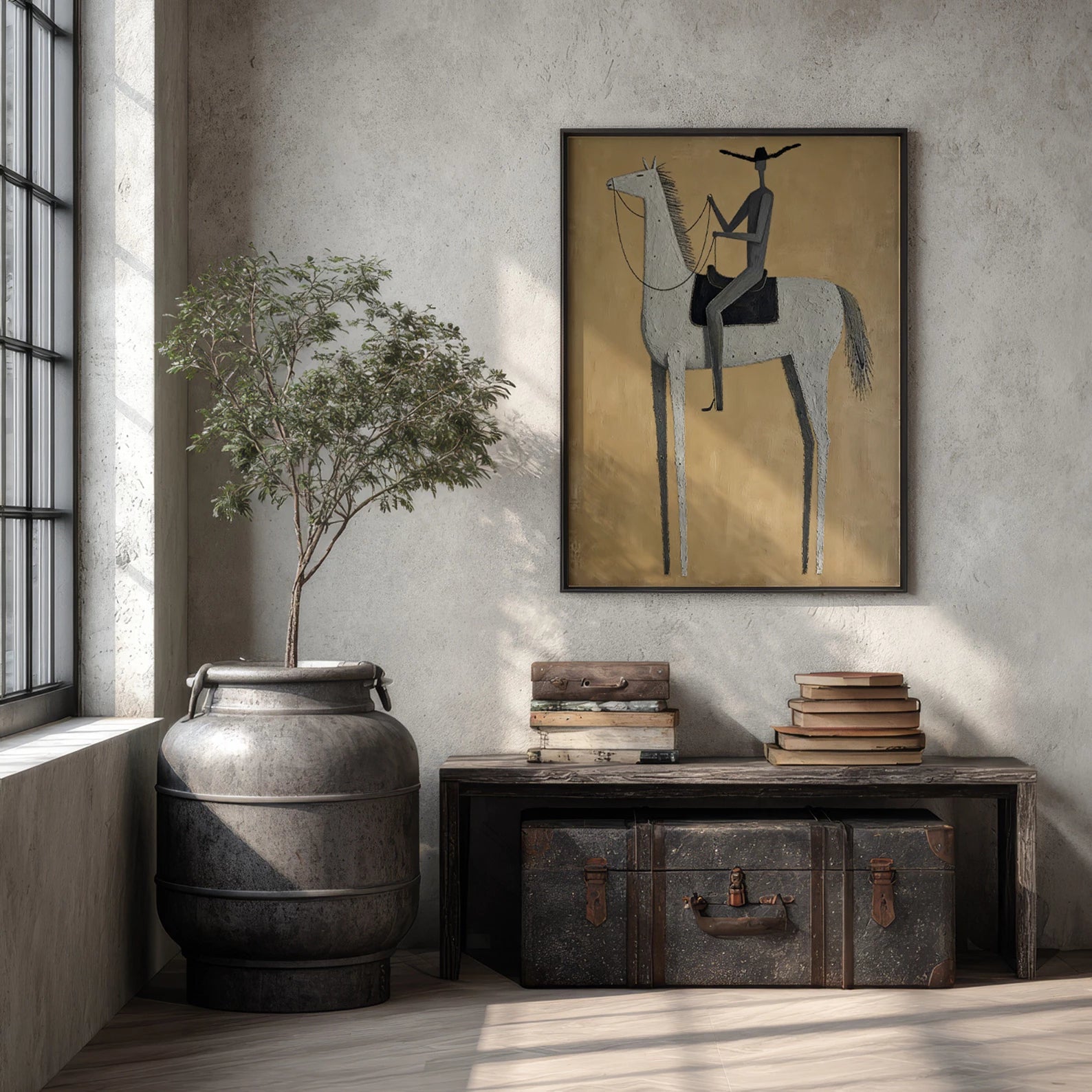 Minimalist Grey Horse Rider Wall Art #AB559