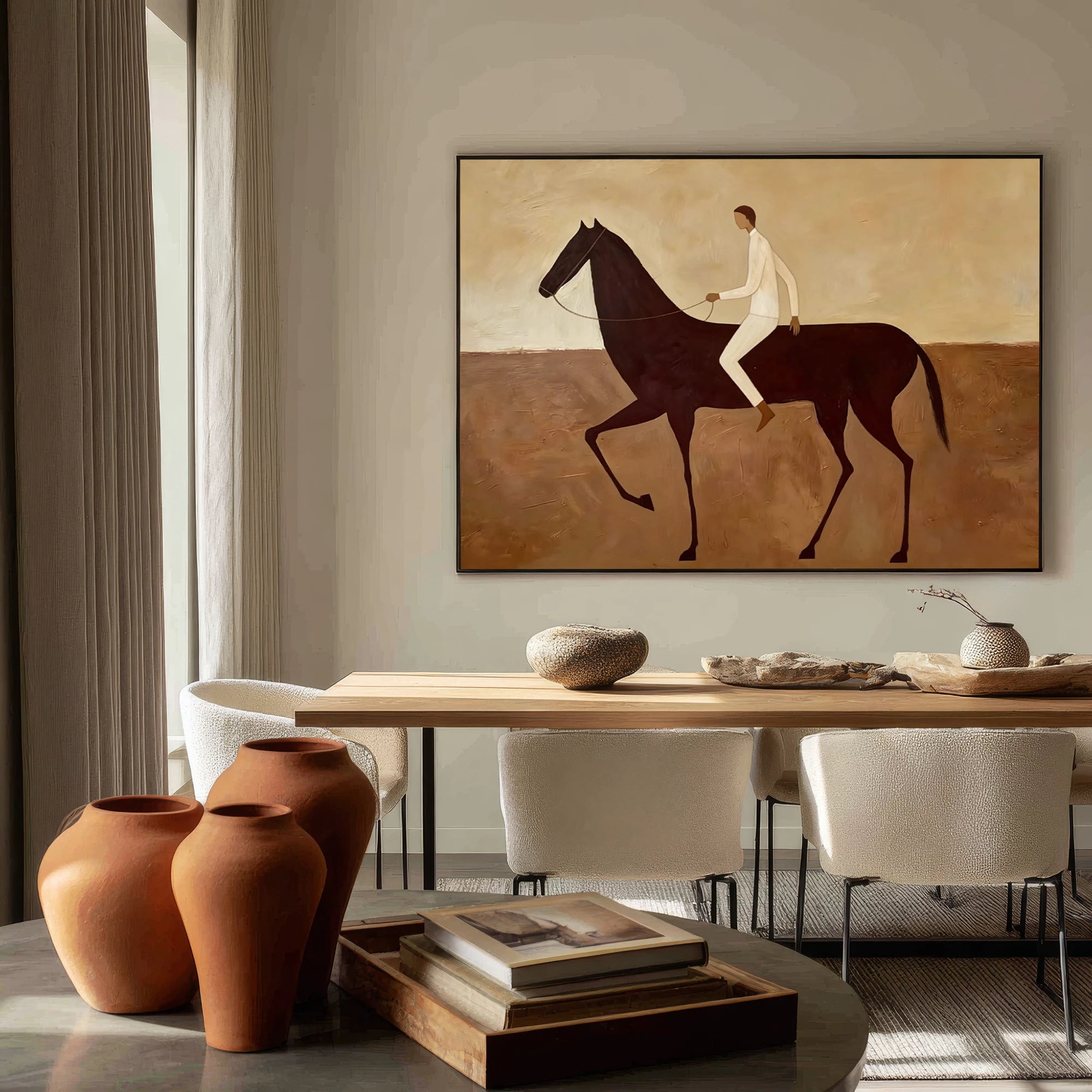 Warm Brown & Cream Horse Rider Oil Painting #AB624