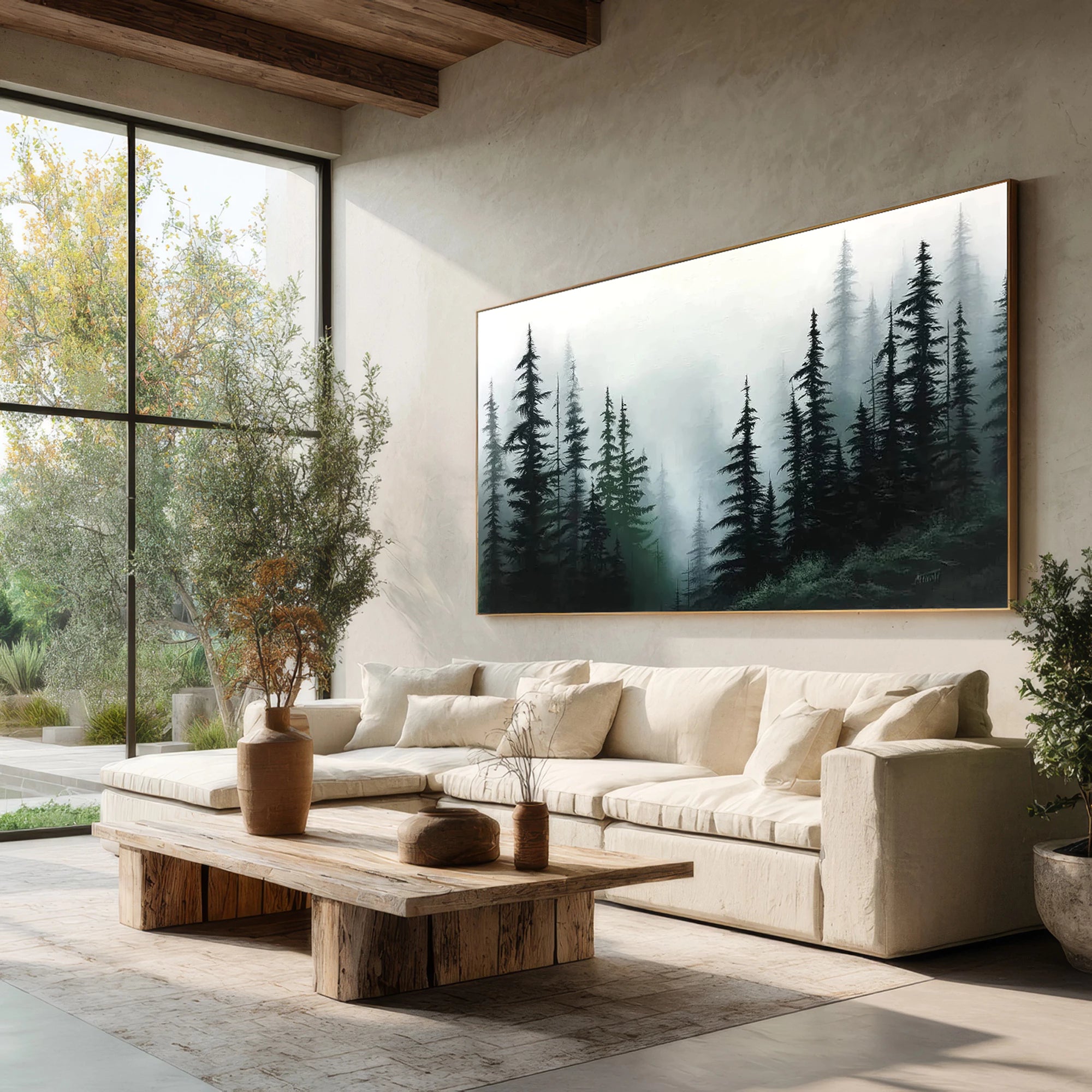 Dark Green Foggy Forest Wall Art #FT67