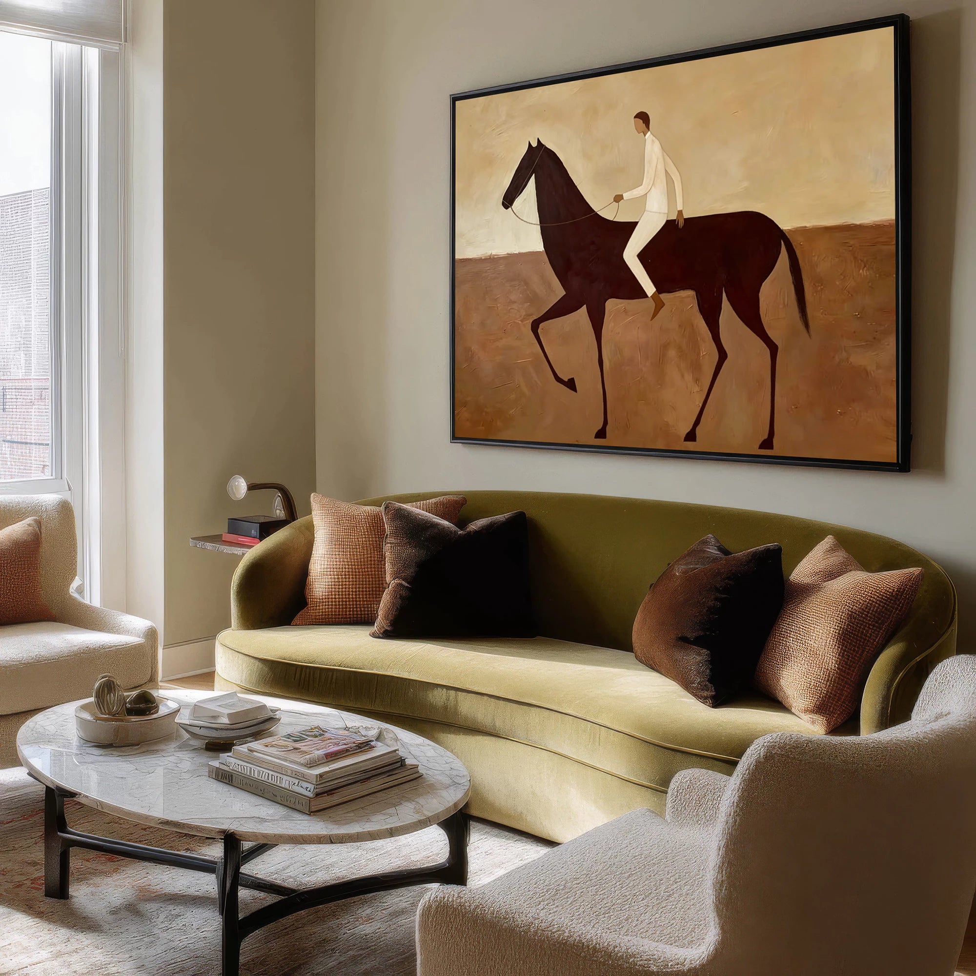 Warm Brown & Cream Horse Rider Oil Painting #AB624