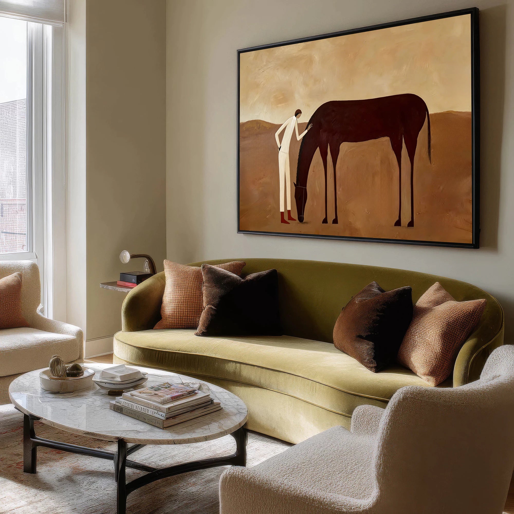 Contemporary Neutral Tone Horse & Rider Oil Painting #AB625