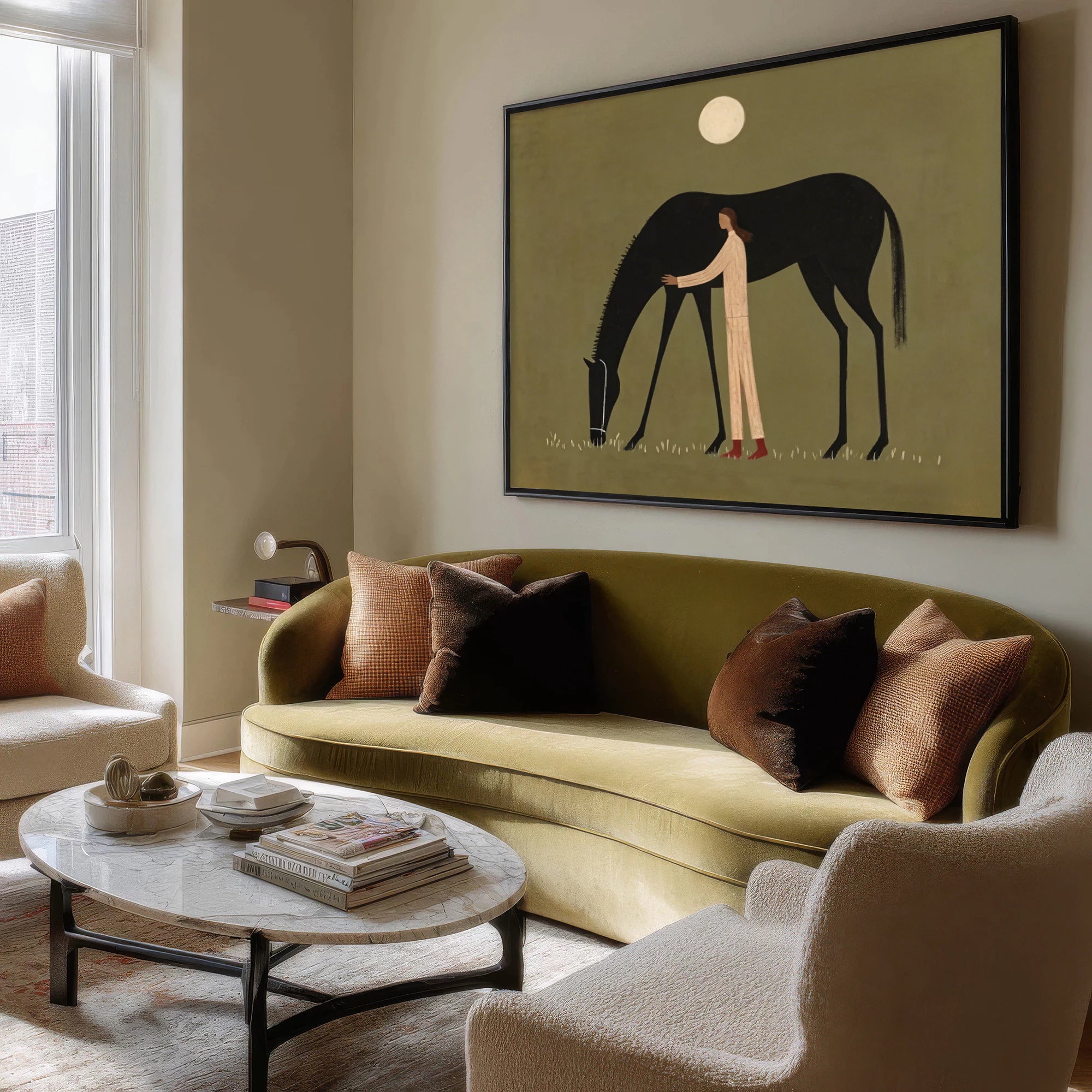 Hand-Painted Figure & Black Horse Oil Painting #AB185