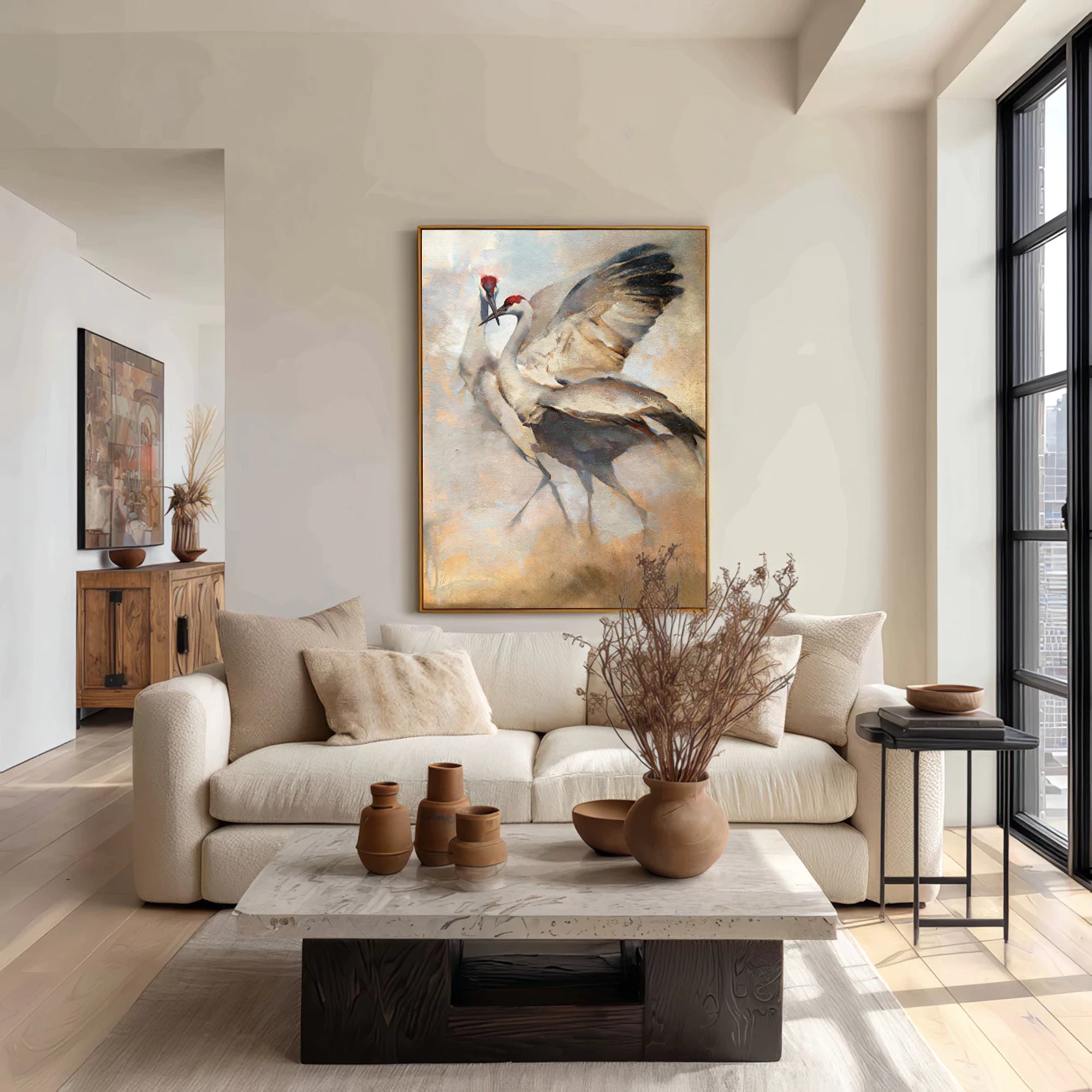 Two Cranes Oil Painting in Warm Earthy Tones #AM131