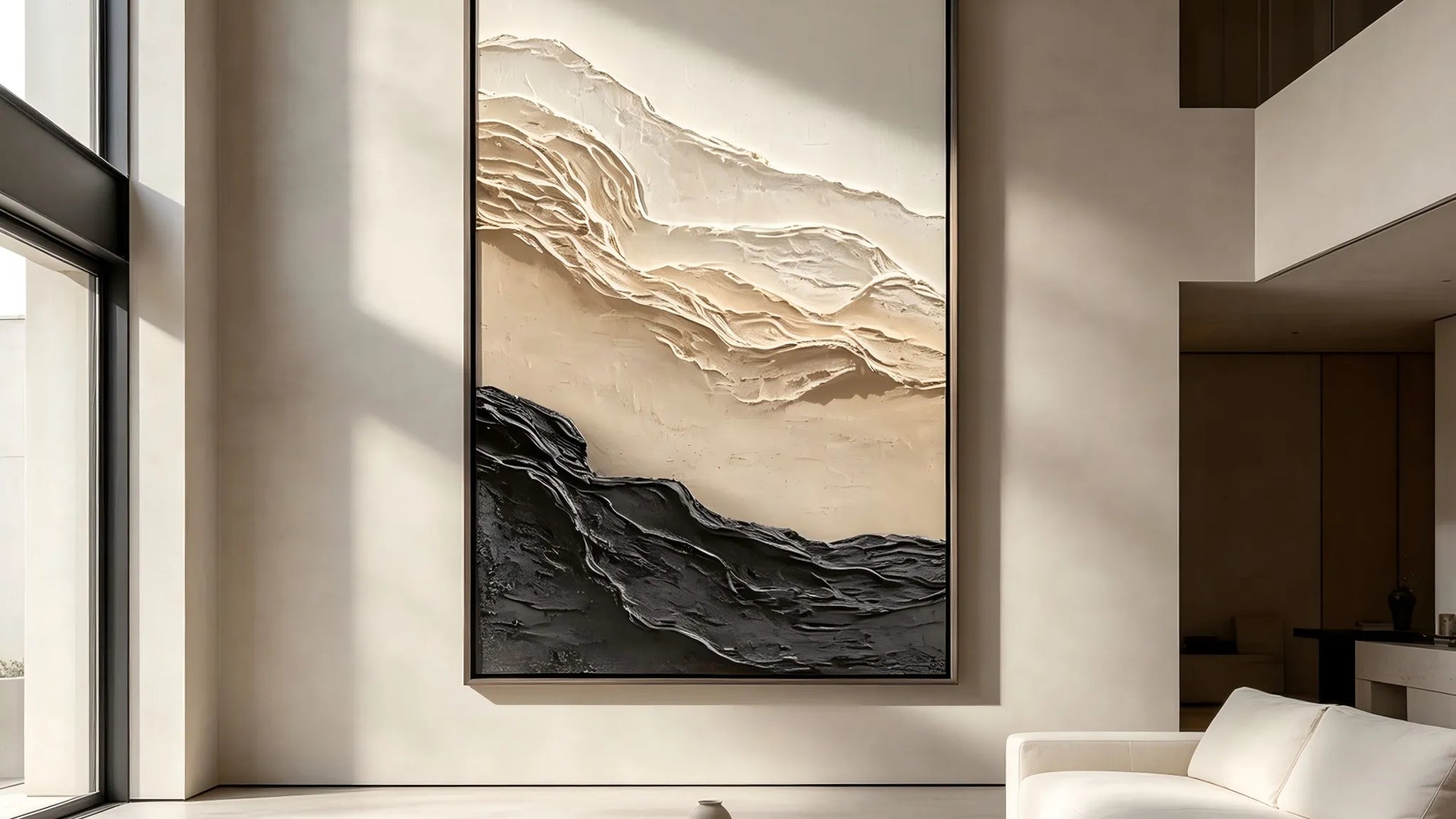 Beige & Charcoal Textured Wall Art for Entryway, Wabi Sabi Abstract Mountain Landscape #9XUUO70I