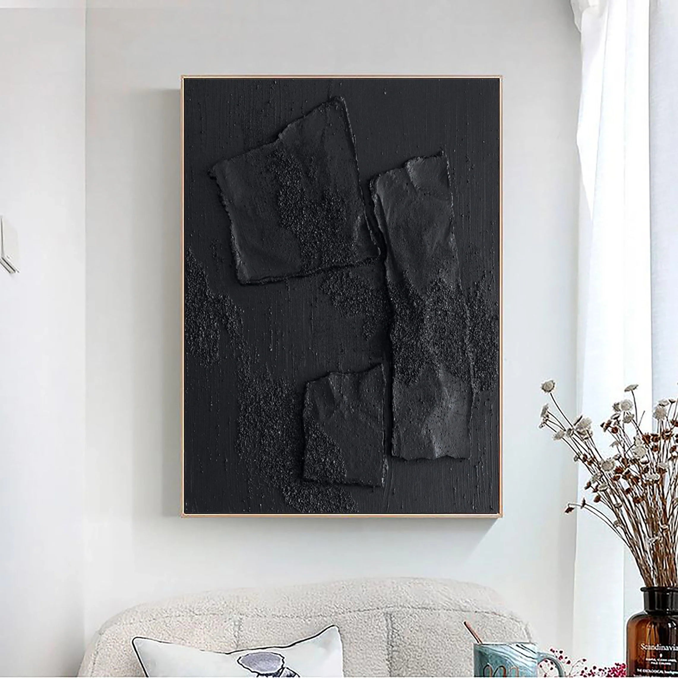 Total Black Plaster Art Minimalist Zen Abstract Painting on Canvas