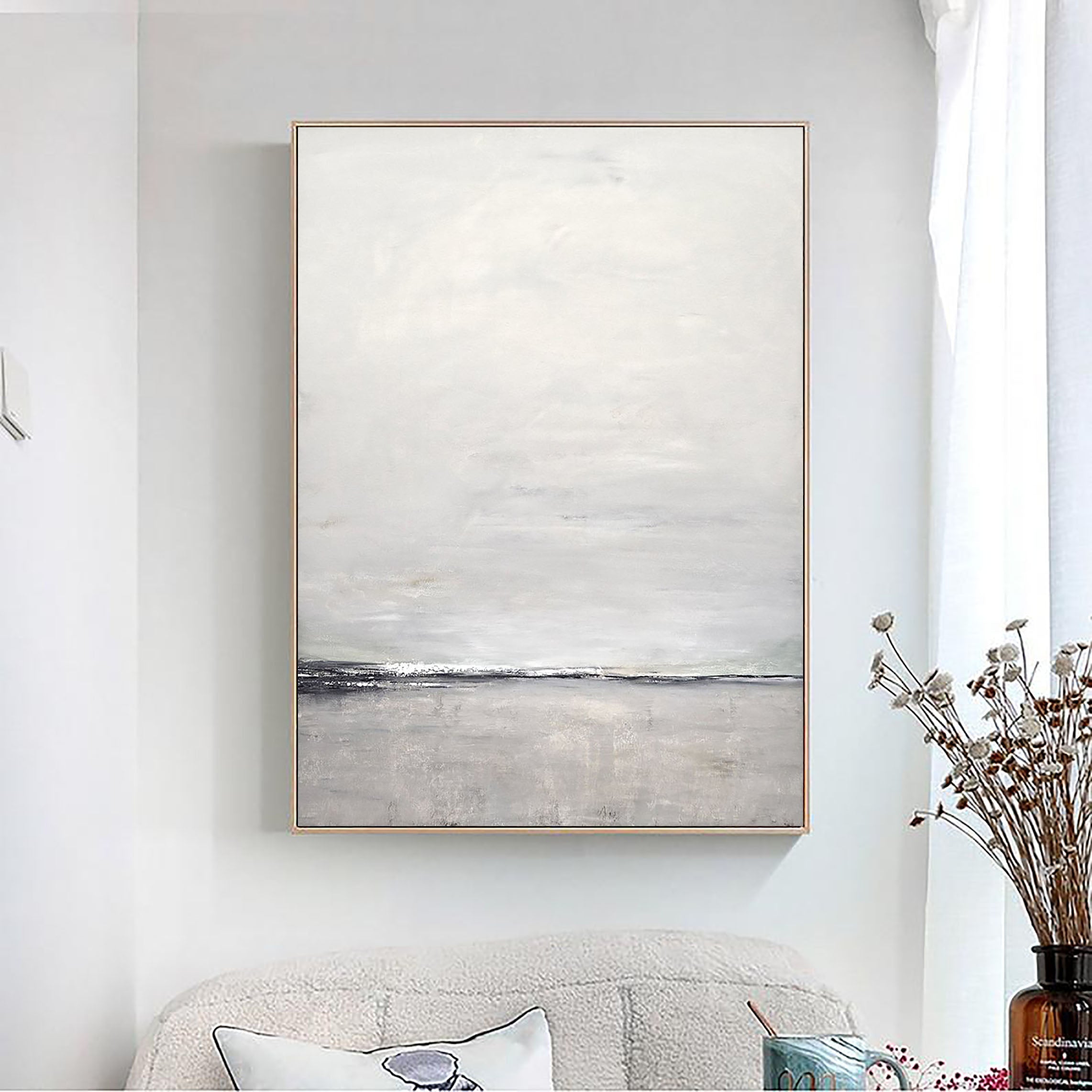 Large Sky and Sea Painting, Beach Scene Canvas, Original Large Ocean Painting, Blue Green Sky Painting For Living Room