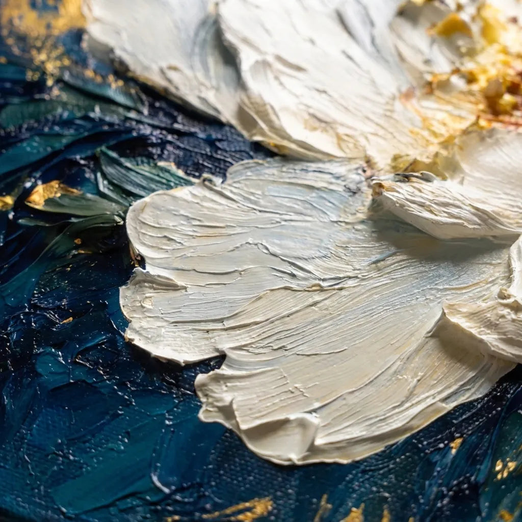 White and Navy Monet-Inspired Hand-Painted Art Textured Floral Art for Living Room #B1SB4E5M