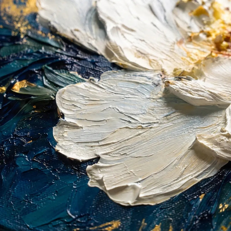 White and Navy Monet-Inspired Hand-Painted Art Textured Floral Art for Living Room #B1SB4E5M